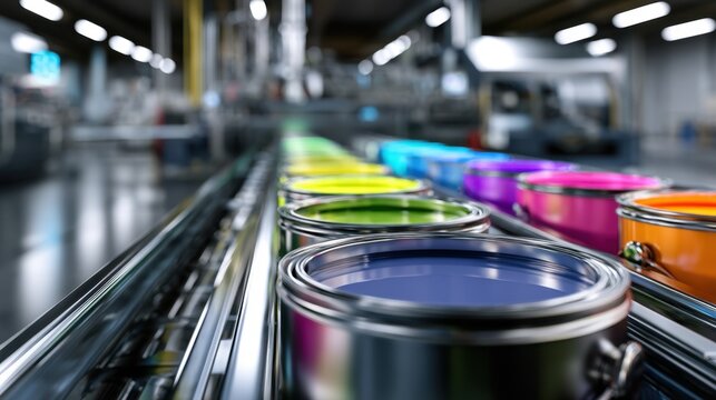 Vibrant paint cans in assorted colors lined up on a factory conveyor belt showcasing modern industrial production in a brightly lit environment