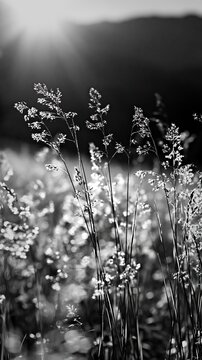 Sunbeams over Alpe di Siusi meadow and grass in black and white