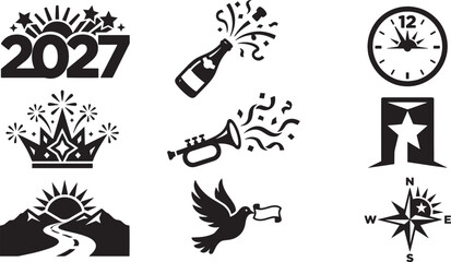Fototapeta premium Set of 2027 New Year celebration, party, and symbolic vector icons