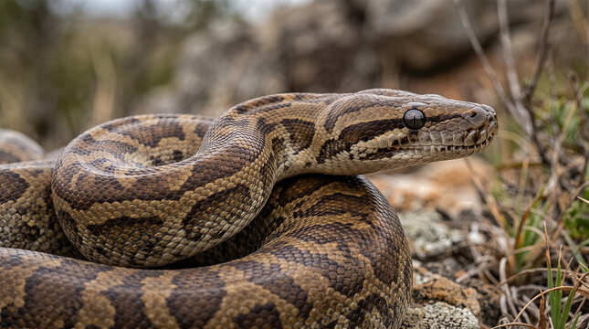 Stunning Central Carpet Python (Morelia spilota imbricata) coiled on rocky terrain in natural habitat