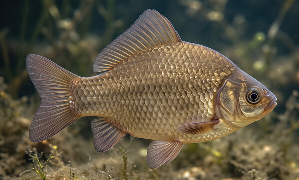 Crucian carp (Carassius carassius) swimming underwater in a clear freshwater lake