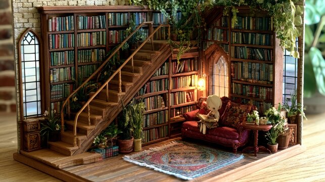 A tiny reader sits in a small library nook filled with books and plants. Soft light creates a warm glow around the scene.
