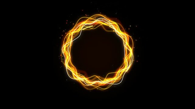 Abstract circular light frame glowing with golden wavy lines and sparkling particles moving dynamically against a black background.
