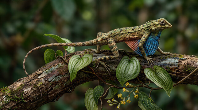Draco flying lizard (Draco volans) perched on a mossy branch in a tropical rainforest