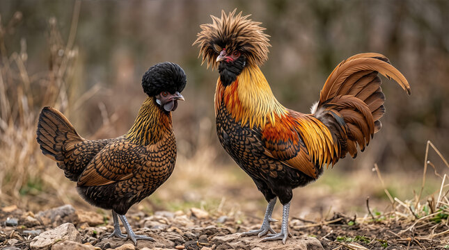 Two fancy Padovana chickens (Gallus gallus domesticus) standing outdoors