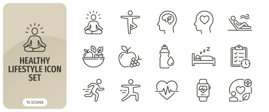 Healthy lifestyle icon set, collection of thin line icons for fitness, wellness, nutrition, mental health, yoga, and physical activity, vector illustration