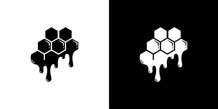 Honeycomb with Dripping Honey Icon - Modern Minimalist Black and White Logo Element