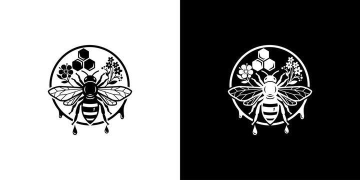Honey Bee Emblem Logo with Honeycomb Cells and Flowers