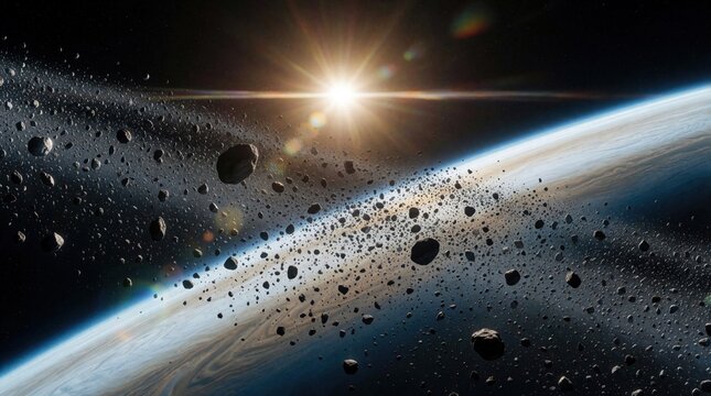 Rocky asteroid field encircles gas giant planet. Sun glares brightly in dark space. Cosmic rocks drift near planet surface. Celestial debris cluster surrounds alien world.