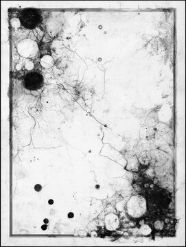 Abstract black and white grunge texture with ink splashes, stains and distressed border details. Ideal for posters, editorial layouts, backgrounds and creative branding.