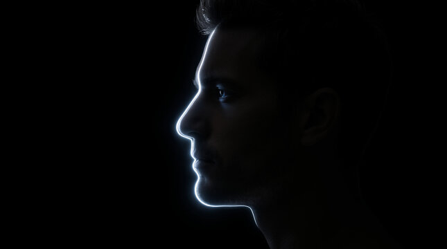 Profile of man in dark studio with glowing blue light tracing facial features, dramatic rim lighting, high contrast. Technology, innovation, futurism, cybernetics.