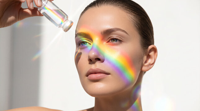 Close up of young woman face with rainbow light refraction, holding small glass dropper bottle near eye, skin care concept. Beauty, dermatology, wellness, cosmetics.