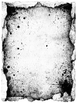 Aged grunge parchment with weathered black borders, scattered ink spots, and rough paper fibers. Great for flyers, book covers, ads, social media, and presentation backgrounds.