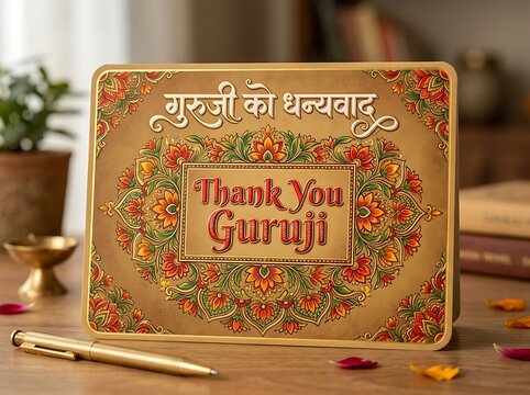 Beautifully decorated thank you card for guru with intricate floral design and golden accents