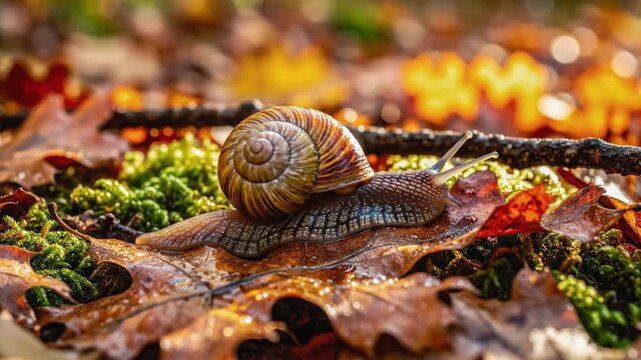 Close-up of a snail gliding across a fall leaf in a serene forest environment with glistening autumn light.