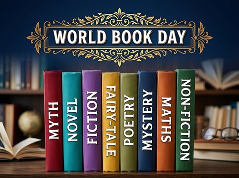 Colorful book collection with various genres celebrating world book day event display