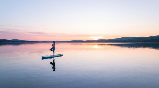 Woman practicing yoga tree pose on paddleboard at serene lake during sunset with pastel sky reflection