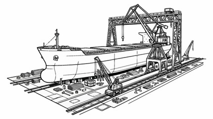 Fototapeta premium Modern Black and White of Cargo Ship Loading at Industrial Port with Cranes and Equipment with high quality professional line art symbols for modern creative design and digital branding projects