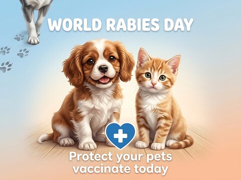 Cute puppy and kitten sitting together for world rabies day awareness campaign illustration