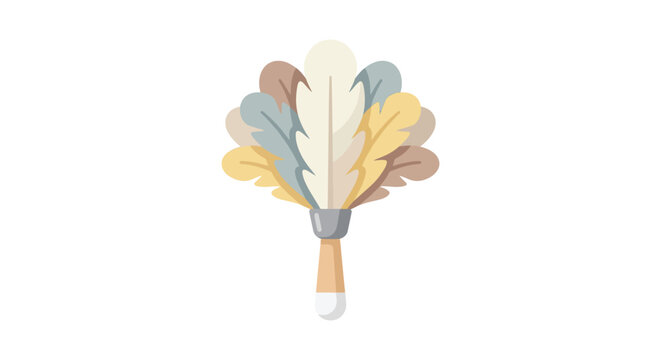 A colorful feather duster with a wooden handle rests on a white background