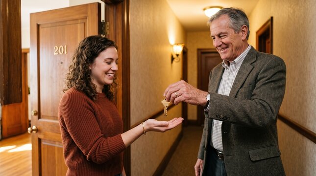 Man handing apartment key to smiling young woman in hallway near door 201