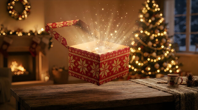 Magical christmas gift box opening with glowing light sparkles in a warm cozy living room