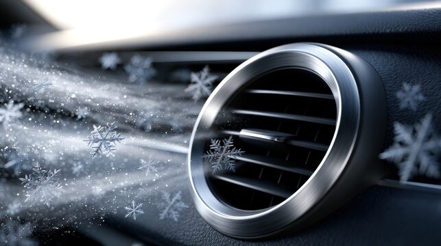 Air conditioning vent in a car with cold airflow and snowflakes symbolizing cool air circulation on a winter day inside the vehicle