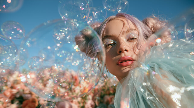 Dreamy beauty portrait of a woman in pastel fashion surrounded by soap bubbles and flowers outdoors, ideal for cosmetics, fashion, spring campaigns and editorial advertising.