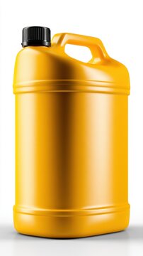 Bright yellow plastic container with black screw cap and convenient handle for storing liquids isolated on white background stock photo