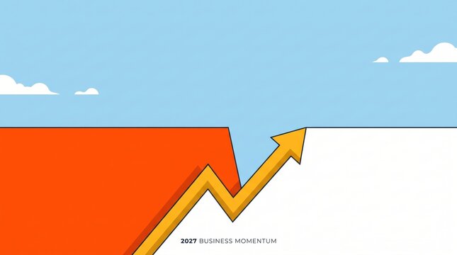 yellow upward arrow breaking through blocks against blue sky. 2027 business movement and financial growth concept. happy new year economic success. banner, website header with copyspace.