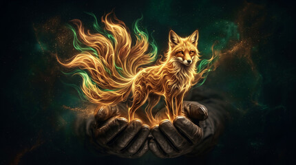 Fototapeta premium Digital illustration of a glowing fox made of golden flames standing in cupped hands, cosmic nebula background. Fantasy art, magical concept, mystical storytelling.