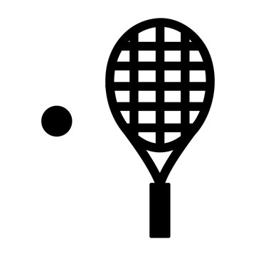 Tennis Racket and Ball Icon Black Sports Equipment Symbol Isolated on White Background Minimal Silhouette Vector Illustration for Tennis Court Competition