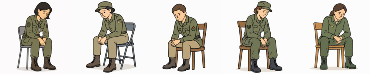 Obraz premium A set of vector illustrations of a female soldier slumped over, looking dejected due to numerous problems.