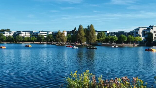  People riding a pedal boat on the water in Dortmund