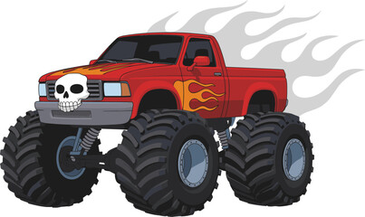 Red monster truck with skull decal and flames vector © Priyom