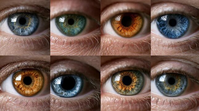 Different colors of human eyes shown in close-up view in groups of different shades and patterns