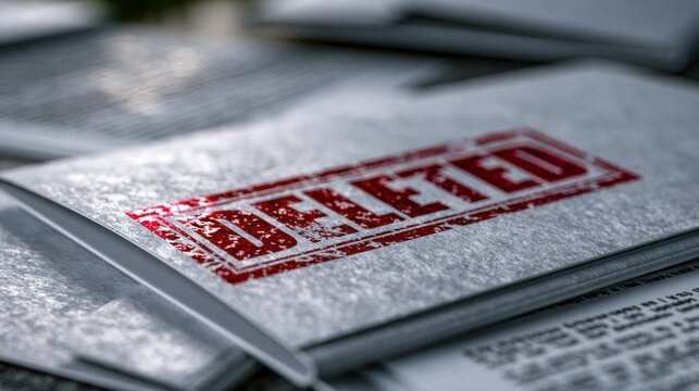 Stacked documents with a bold red deleted stamp indicating removal or cancellation of information in a conceptual legal or office setting