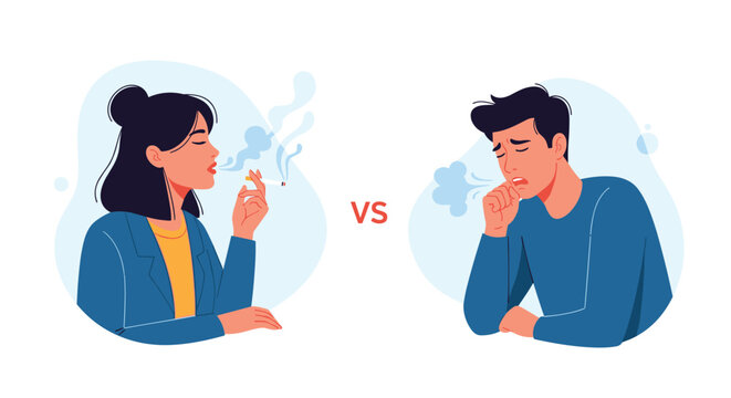 Young woman smoking cigarette vs man suffering from coughing due to secondhand smoke exposure, flat vector illustration.