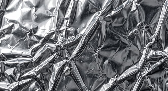 Close-up of crumpled silver aluminum foil with deep creases, sharp folds, and bright highlights, creating a high-contrast metallic texture background, with complex shadows, and reflective surfaces