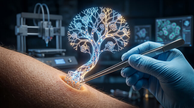 Gloved hand using tweezers to place glowing neural network tree onto human skin, futuristic medical technology concept. Biotechnology, neuroscience, healthcare innovation.