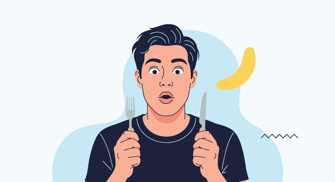 Shocked young man holding fork and knife looking with wide eyes, expecting a delicious meal, flat vector illustration.