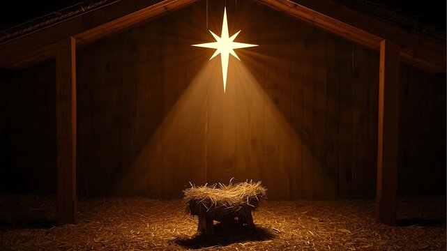 Christmas nativity scene with glowing star of Bethlehem shining over a wooden manger.