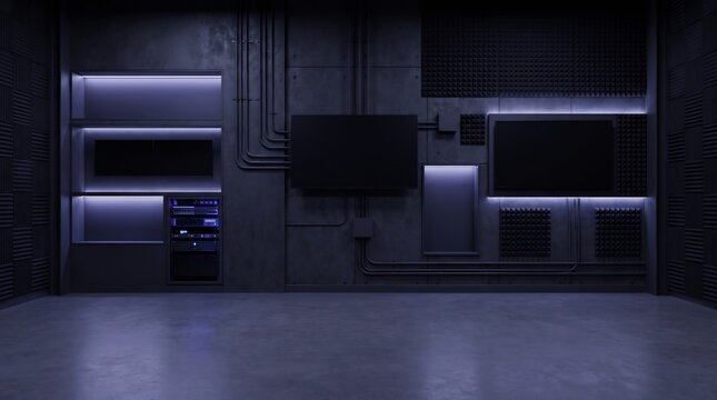 Futuristic technology control room interior with wall mounted monitors, server racks, and industrial conduits with blue lighting