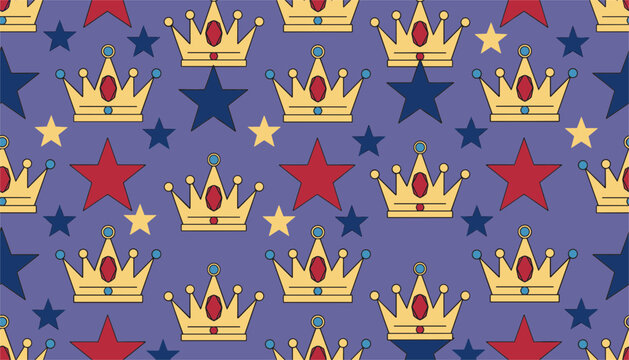 Royal seamless pattern featuring golden crowns with red jewels and red, blue, and yellow stars on a purple background.