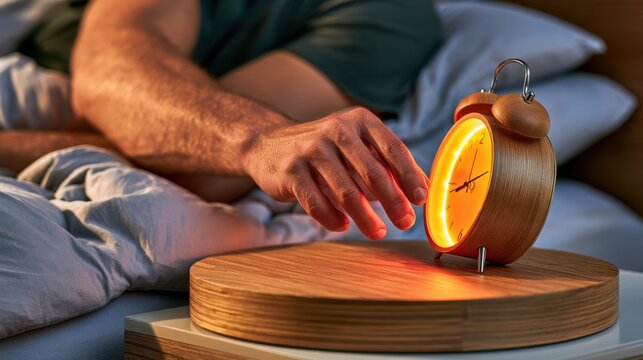 Close-up of a man's hand reaching for a glowing wooden alarm clock on a bedside table, symbolizing morning routines and time management.