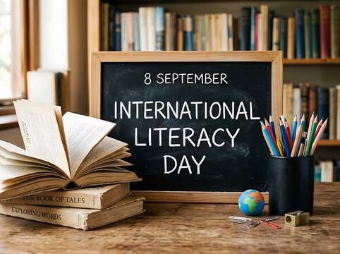 Celebrate international literacy day with books pencils and a chalkboard message on a study desk