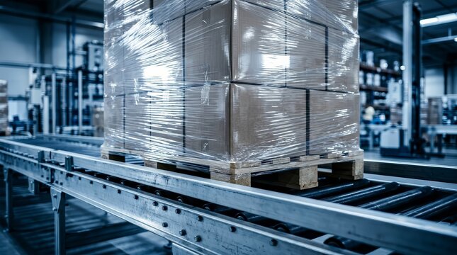 Industrial conveyor belt transporting a pallet of cardboard boxes wrapped in stretch film.