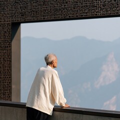 Obraz premium Senior person leaning on terrace railing overlooking mountain panorama for reflective travel background and wellness retreat poster