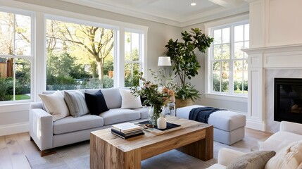 Obraz premium A bright airy living room with large a light gray sofa wooden coffee table and indoor plants