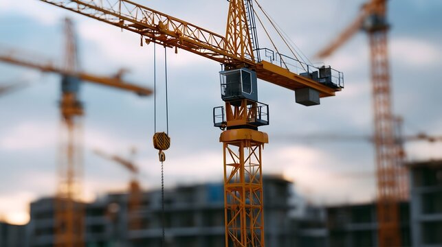 Close up of a yellow tower crane with visible hook and cables against a blurred construction site background
